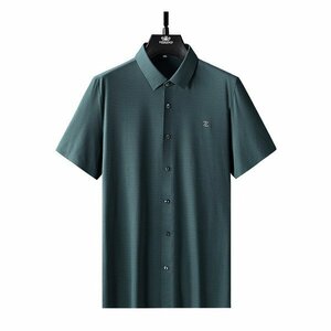 2XL ダークグリーン 父の日 プレゼント ワイシャツ ドレスシャツ 半袖 メンズ ワンポイント チェック柄 涼しい ビジネス カジュアル