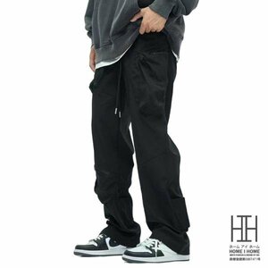 XL ブラック カーゴパンツ メンズ ズボン 紐付き イージーパンツ ゴムウェスト ゆったり 大きめポケット ストレート アウトドア ストレッチ