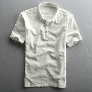 XL ホワイト リネンシャツ メンズ 半袖 無地 麻 コットン ヘンリーネック カジュアル カットソー プルオーバーシャツ 夏 トップス