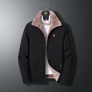 4XL ブラック ボアジャケット 中綿ジャケット メンズ 裏起毛 立ち襟 ワンポイント 防寒 防風 冬服 保温