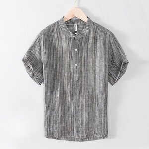 2XL グレー カジュアルシャツ メンズ 半袖 リネン 麻 カットソー ヘンリーネック 通気 涼感 涼しい 夏 麻100％ プルオーバーシャツ