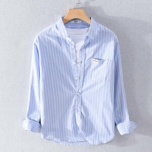 2XL サックスブルー カジュアルシャツ メンズ 長袖 ストライプ柄 ワンポイント ポケット付き ワークシャツ 羽織り シンプル 春物