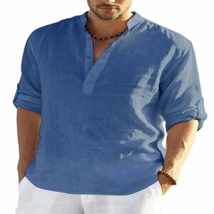 L ブルー シャツ カジュアルシャツ 白シャツ メンズ 長袖 無地 ヘンリーネック ノーカラー 多色 シンプル 袖ロールアップ トップス