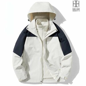 XL ホワイト+ネイビー マウンテンパーカー メンズ レディース 3way フード脱着可 登山服 防風 ボアライナー付き 取り外し可 フリース 撥水