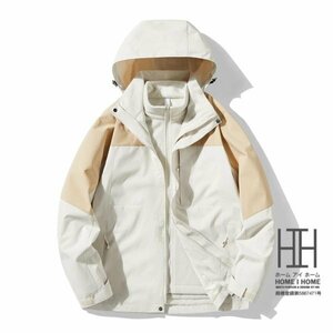 XL ホワイト+アンズ マウンテンパーカー メンズ レディース 3way フード脱着可 登山服 防風 ボアライナー付き 取り外し可 フリース 撥水