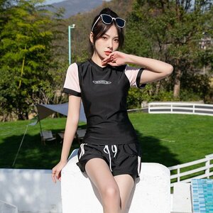 XL ピンク 水着 上下セット フィットネス レディース セパレート 半袖Tシャツ ショートパンツ 大人 かわいい 体型カバー 海水浴 クール