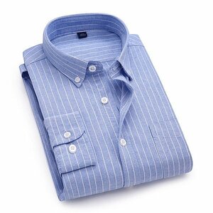 S ブルー ボタンダウンシャツ オックスフォードシャツ メンズ 長袖 ストライプ スリム カジュアル トップス