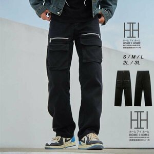 2XL ブラック カーゴパンツ メンズ ワーク ロング丈 ストレート 立体的ポケット ゆったり ストリート おしゃれ アメカジ スタイリッシュ