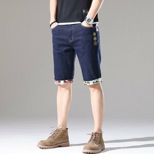 W29 ネイビー デニム ショートパンツ メンズ ストレッチ 個性 ヴィンテージ 短パン カラフル ダメージ 夏