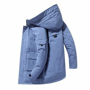 2XL ブルー ダウンジャケット メンズ レディース ミドル丈 ダウン 男女兼用 ワーク フード付き 保温 防寒 防風 冬 あったか
