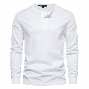M ホワイト ヘンリーネック Tシャツ カットソー メンズ 長袖 無地 スリム プルオーバー シンプル カジュアル シンプル