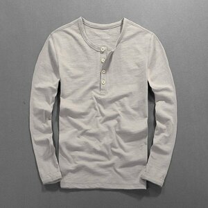 2XL グレー Tシャツ カットソー メンズ 長袖 無地 ヘンリーネック 綿100％ 柔らかい カジュアル シンプル 春 新作