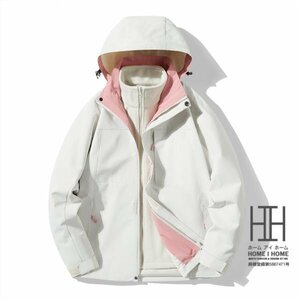 XL ホワイト+ピンク マウンテンパーカー メンズ レディース 3way フード脱着可 登山服 防風 ボアライナー付き 取り外し可 フリース 撥水