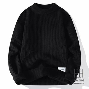 3XL ブラック ニット セーター ローゲージ ユニセックス クルーネック プルオーバー シンプル カジュアル 防寒