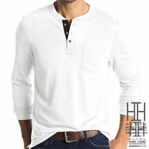 M ホワイト tシャツ メンズ 長袖 ポケット付き ロンt 長袖tシャツ ヘンリーネック ストレッチ カットソー インナー トップス