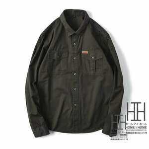 3XL ミリタリーグリーン シャツ メンズ メンズシャツ 長袖シャツ シャツ ワークシャツ ミリタリーシャツ ウォッシュ加工 カバーオール