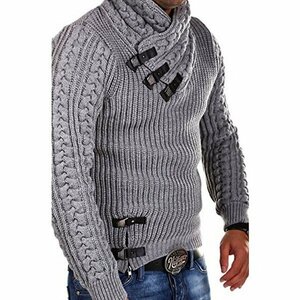 XL グレー ニット セーター メンズ ボリュームネック ケーブル編み レザーボタン 暖かい おしゃれ 秋冬