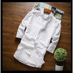 4XL（日本3L相当） ホワイト カジュアルシャツ メンズ 七分袖 ボタンダウン ストライプ柄 薄手 形態安定加工 スリム 春夏