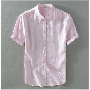 XL ピンク リネンシャツ メンズ 半袖 白シャツ 無地 シンプル 100％リネン 麻 トップス 羽織り 通気 涼しい
