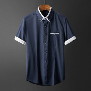 3XL ネイビー 半袖シャツ 白シャツ メンズ ボタンダウン 半袖 ワンポイント 切り替え おしゃれ 無地 ビジカジ カジュアルシャツ 夏物