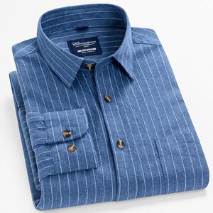 42/2XL 縞柄ブルー ネルシャツ ストライプシャツ チェックシャツ メンズ 長袖 ストライプ柄 チェック柄 柔らかい ポケット