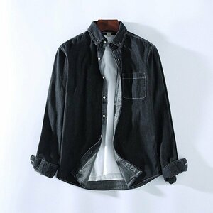 2XL ブラック ボタンダウンシャツ メンズ 長袖 無地 デニム 綿100％ カジュアル ウォッシュ加工