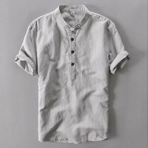 3XL グレー リネンシャツ メンズ 半袖 無地 通気 麻綿 シャツ 白シャツ カジュアル 春 夏物