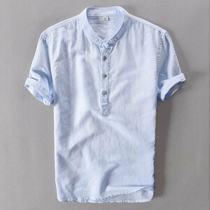 XL 水色 リネンシャツ メンズ 半袖 無地 通気 麻綿 シャツ 白シャツ カジュアル 春 夏物