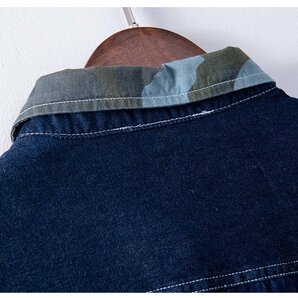 L ネイビー デニムシャツ メンズ 半袖 ポケット付き 切り替え 迷彩柄 ミリタリー系 コットン ワークシャツ カジュアルシャツ 夏服の画像9