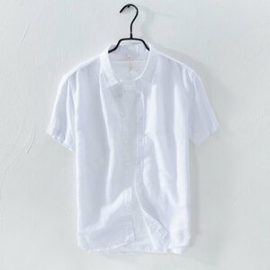 XL ホワイト リネンシャツ メンズ 半袖 無地 麻混シャツ カジュアルシャツ 白シャツ