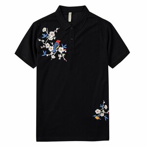 ポロシャツ メンズ 半袖 無地 刺繍 梅の花柄 鳥 オシャレ ゴルフ 綿 カジュアル POLO トップス 夏