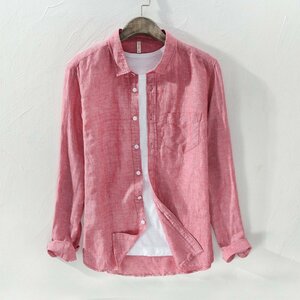 2XL ピンク リネンシャツ メンズ 長袖 無地 麻混シャツ カジュアルシャツ 白シャツ