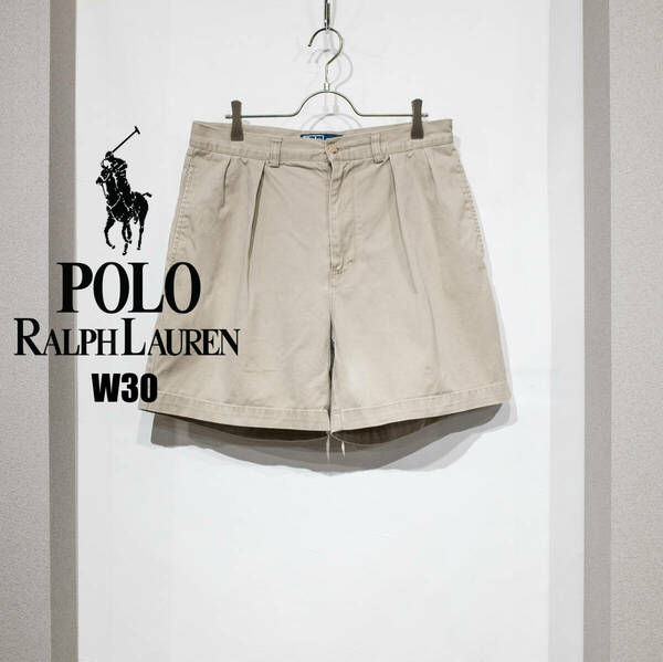 W30 / 90年代 POLO RALPH LAUREN ポロ ラルフローレン 2タック ポロチノ ショートパンツ ショーツ ベージュ 古着 中古 プレッピー メンズ