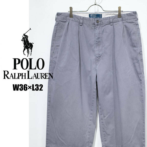 W36L32 / 90年代 POLO RALPH LAUREN ポロラルフローレン ツータック ポロチノ チノパン ワイドパンツ アンドリュー ハイウエスト グレー