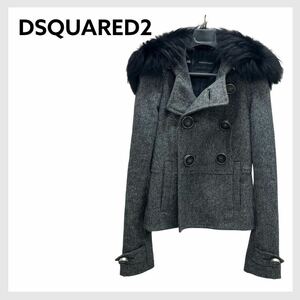 DSQUARED2 ディースクエアード ウール ヘリンボーン 襟リアルファー ダブルブレストコート レディース S72AM0214