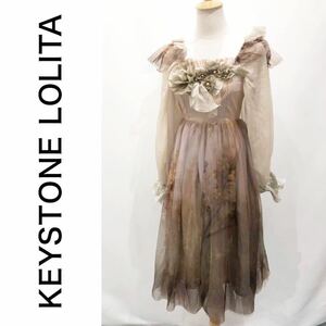 KEYSTONE LOLITA キーストーンロリータ ワンピース ドレス 長袖 デザイン 花 チュール レイヤード コスプレ ベージュブラウン系 Sサイズ