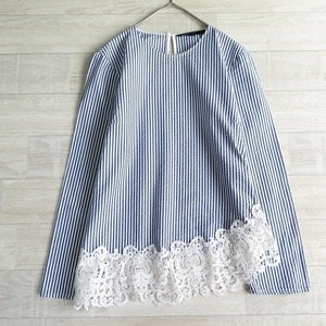 ザラ ZARA◆綿100% シアサッカー コットンストライプ 裾レース プルオーバーブラウス size S