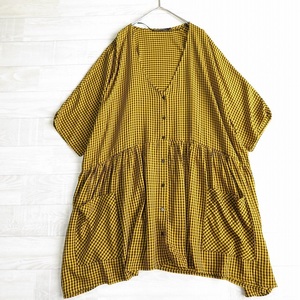 ザラ ZARA◆とろみレーヨン ギンガムチェック ゆったりギャザー切替 Vネックブラウス チュニック size L