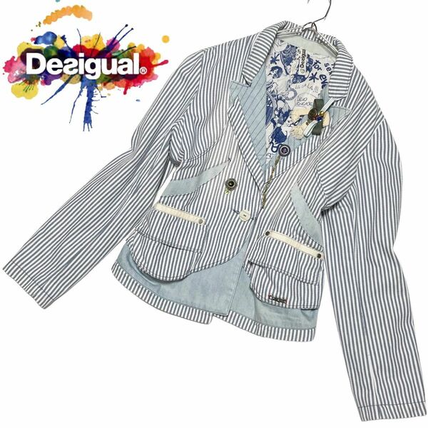 Desigual デジグアル テーラードジャケット ヒッコリー コサージュ付き