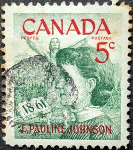 [ foreign stamp ] Canada 1961 year 03 month 10 day issue E. Poe Lynn Johnson. raw .100 anniversary -mo Hawk group. poetry person . seal attaching 