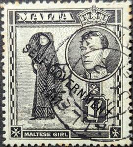 【外国切手】 マルタ 1948年11月25日 発行 国王ジョージ6世と地元のモチーフが重刷りされた「自治-1947」 消印付き