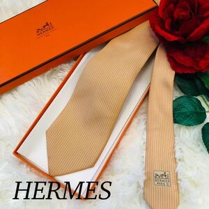 HERMES エルメス メンズ 男性 紳士 ネクタイ ブランドネクタイ ストライプ 縦 オレンジ 橙 ビジネス 結婚式 美品 未使用に近い 剣先 9cm