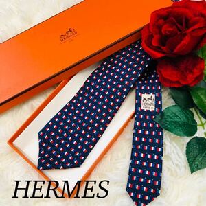 HERMES エルメス メンズ 男性 紳士 ネクタイ ブランドネクタイ 総柄 旗 はた ネイビー 紺 ビジネス 結婚式 美品 未使用に近い 剣先 8.3cm