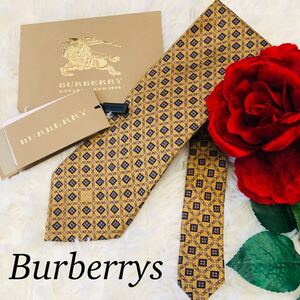 Burberrys バーバリー BURBERRY メンズ 男性 紳士 ネクタイ 総柄 イエロー 黄色 黄 結婚式 二次会 ビジネス 美品 未使用に近い 剣先 9.5cm