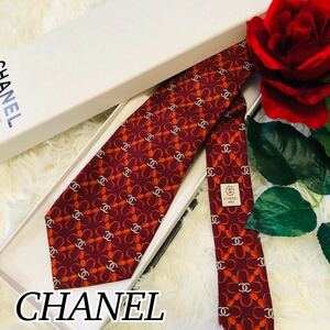 CHANEL シャネル メンズ 男性 紳士 ネクタイ ブランドネクタイ ココマーク 総柄 柄物 オレンジ 橙 結婚式 ビジネス 通勤 二次会 剣先 9.8cm