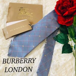 BURBERRY LONDON バーバリー ロンドン メンズ 男性 紳士 ネクタイ ブランドネクタイ 総柄 ホースロゴ 水色 ビジネス 結婚式 美品 剣先9.5cm