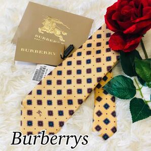 Burberrys バーバリー BURBERRY メンズ 男性 紳士 ネクタイ ブランドネクタイ 総柄 花柄 ホースロゴ イエロー 黄色 新品未使用 剣先 9.5cmの画像1