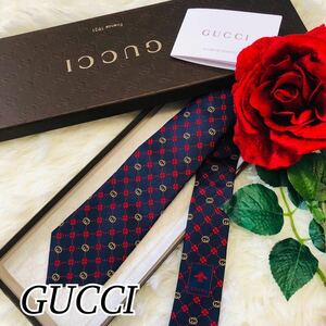 GUCCI グッチ メンズ 男性 紳士 ネクタイ ブランドネクタイ レアモデル 総柄 GG柄 ロッキングG ネイビー 紺色 紺 新品未使用 剣先 7cm