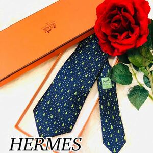 HERMES Hermes men's man gentleman necktie brand necktie total pattern navy navy blue tree standard color popular wedding new goods unused ..9.5cm