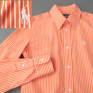 美品◎ラルフローレン チョークストライプシャツ ポニー刺繍 オレンジ 0(XS～S)